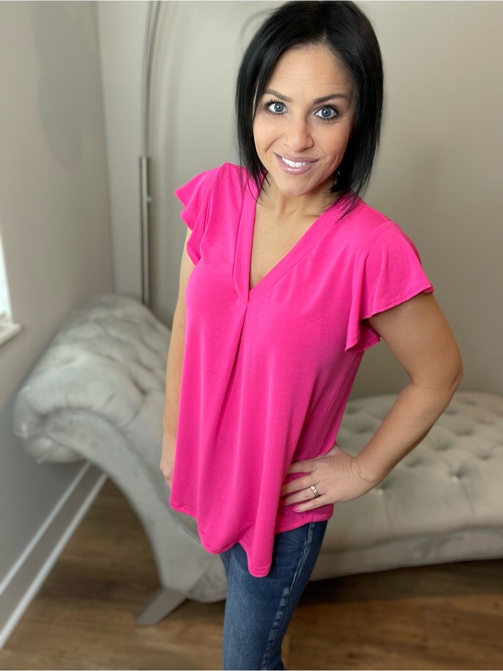 Small & Medium Women’s V-Neck Flutter Sleeve Top in Hot Pink